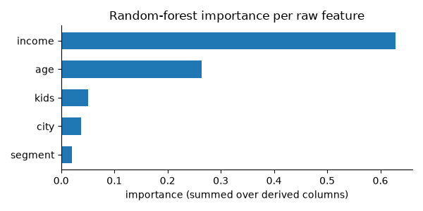 Random-forest importance per raw feature